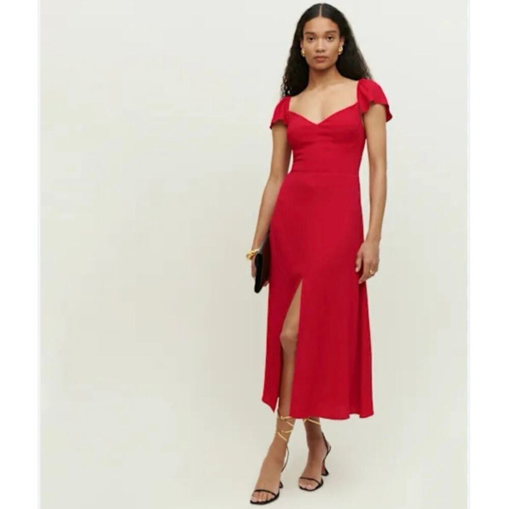 NWOT Reformation Baxley Red Midi Dress Flutter Sleeve Sweetheart Neck Size 2